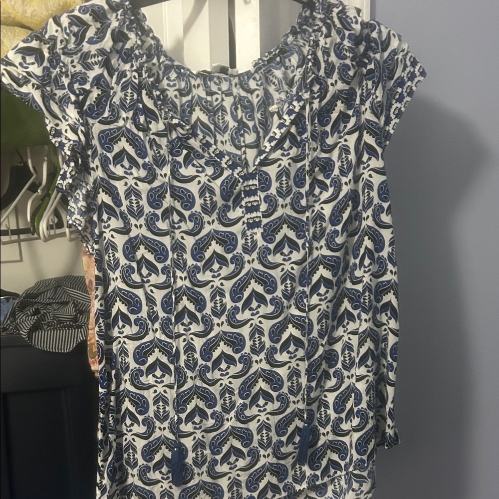 Rose & Olive Blue and White Printed Peasant Blouse